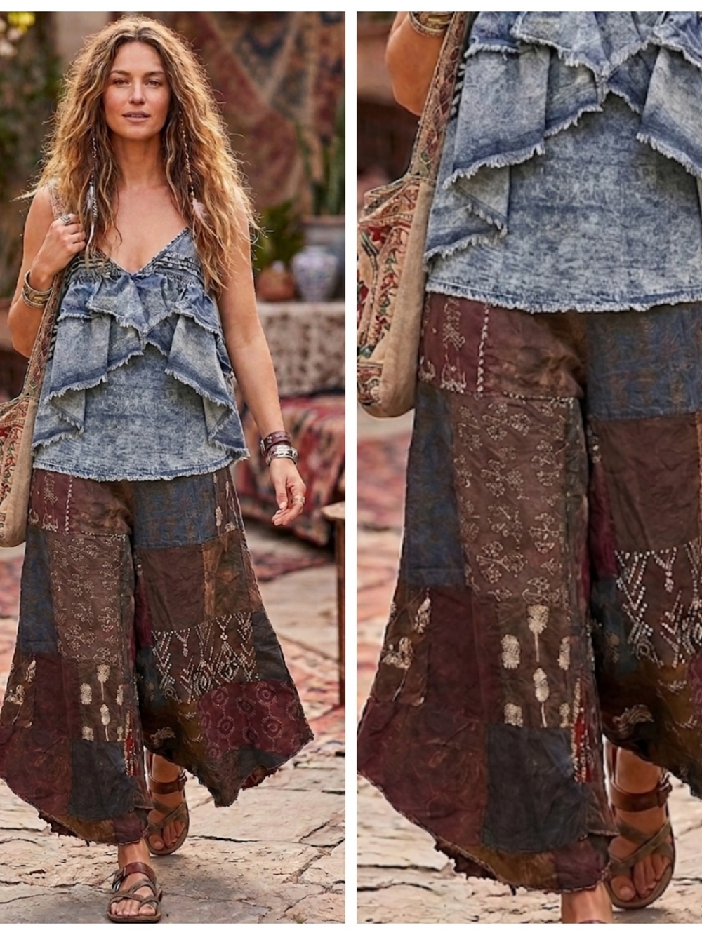 Boho Patchwork Wide-Leg Cropped Pants - Earthy Multicolor